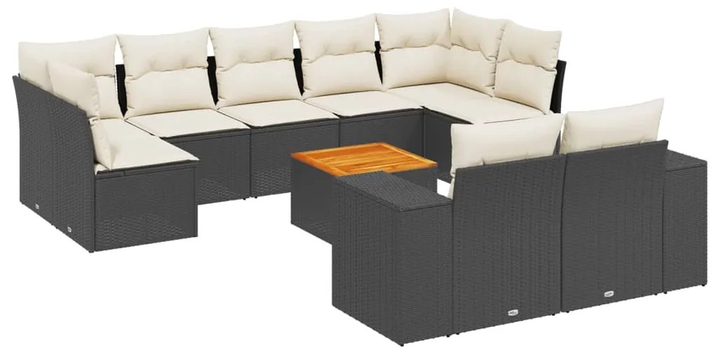 Set divani da giardino 10pz con cuscini in polyrattan nero