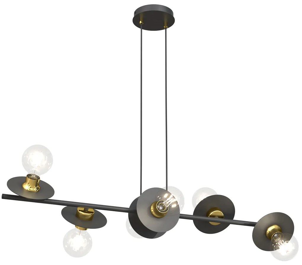 Lampadario 6 Luci Eos In Acciaio Nero E Oro Con Barra E Diffusori A Piatti