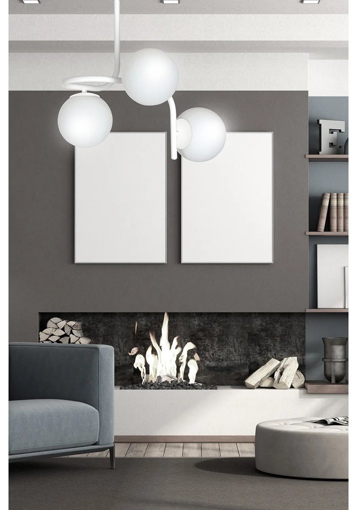 Lampadario 3 Luci Rama In Acciaio Bianco A Bracci E Sfere In Vetro Opalino