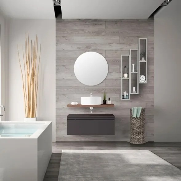 Mobile Bagno Sospeso 80 Cm Con Cassettone Antracite Mensola Rovere Lavabo E Specchio Aurora