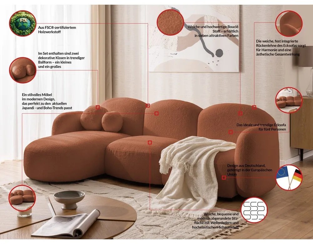 Divano angolare color terracotta (con penisola a sinistra/con chaise lounge) con rivestimento in bouclé Orbit – Ropez