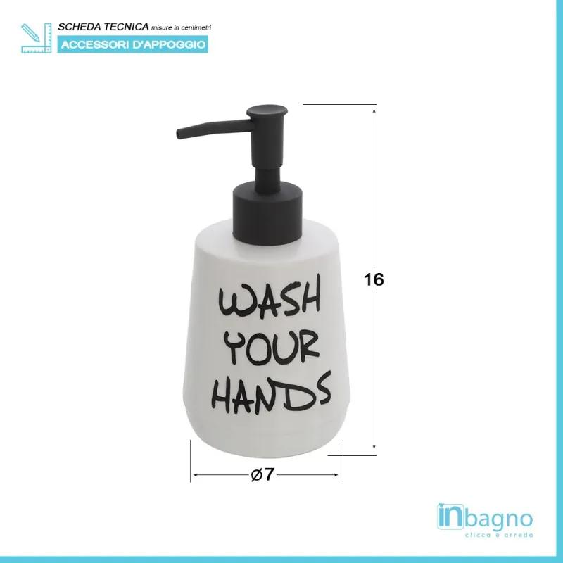 Dispenser sapone liquido Wash in ceramica bianco con scritte nere