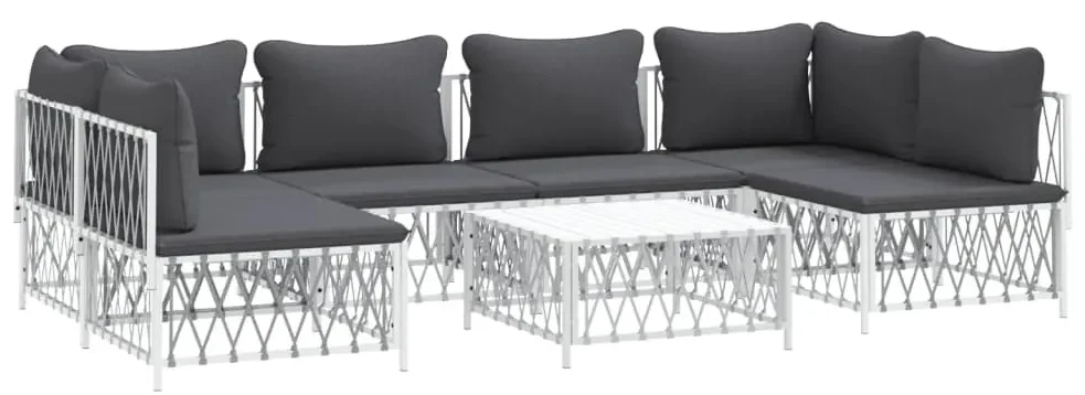 Set salotto da giardino 7 pz con cuscini in acciaio bianco