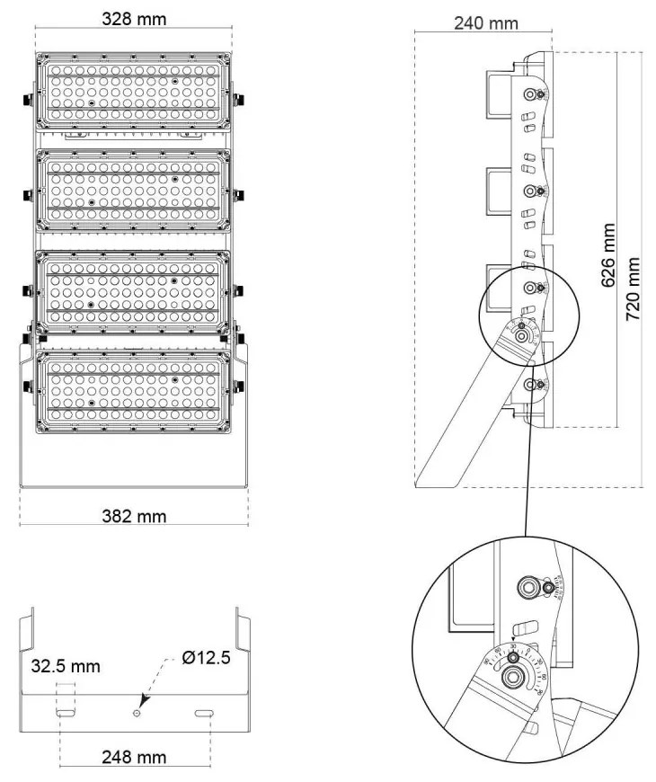 Faro Modulare LED 800W IP66, 167lm/W, Dimmerabile DALI - INVENTRONICS Colore  Bianco Naturale 4.000K, Scegli l'angolo di illuminazione 30°, Scegli le staffe dei moduli Orientabili