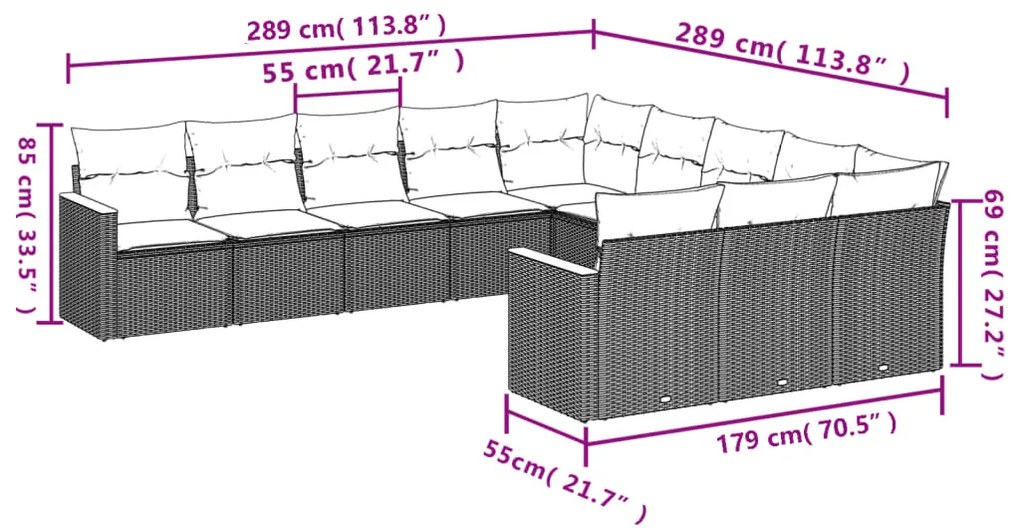 Set divani da giardino 11 pz con cuscini beige in polyrattan