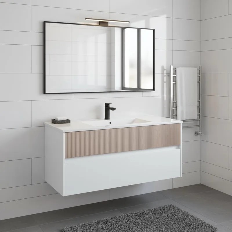 Mobile da bagno sospeso sotto lavabo Niwa 2 cassetti L 119.5 x H 50 x P 45.5 cm bianco laccato e sabbia cannettato