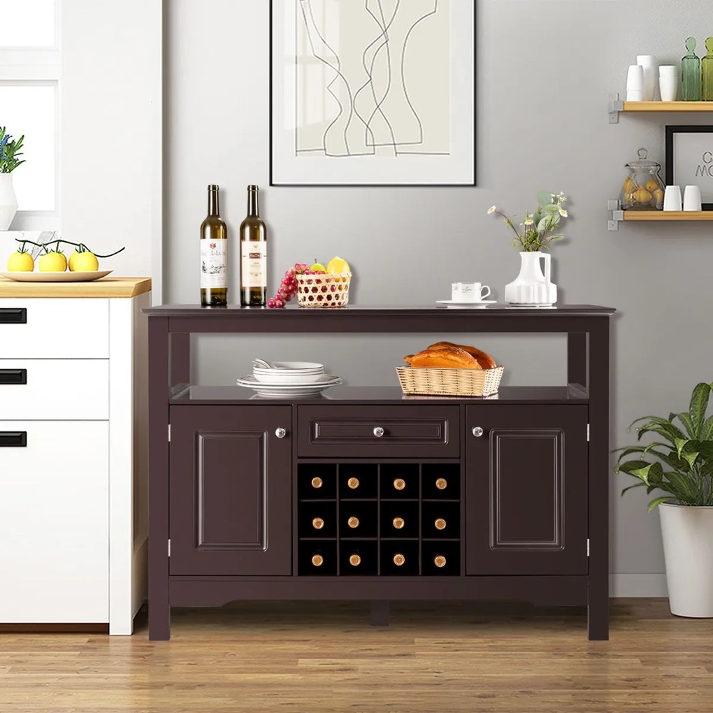 Costway Credenza per cucina con porta bottiglie di vino a forma incrociata, Mobile da cucina con mensola aperta Caffè