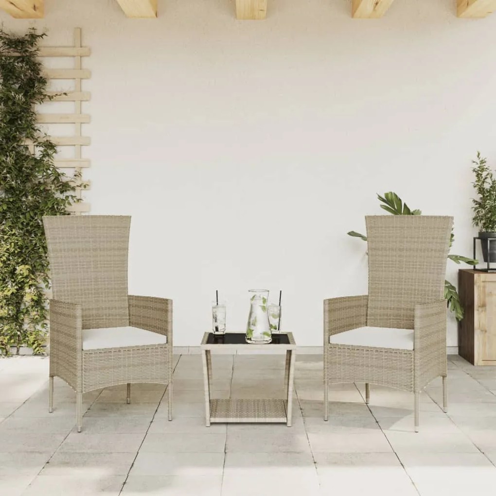 Set da pranzo da giardino 3 pz con cuscini beige in polyrattan