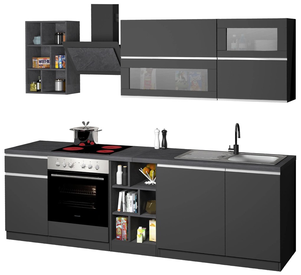 Cucina Lineare Moderna Antracite SOLE 256 cm – Soft Close, Lavello Incluso, Made in Italy