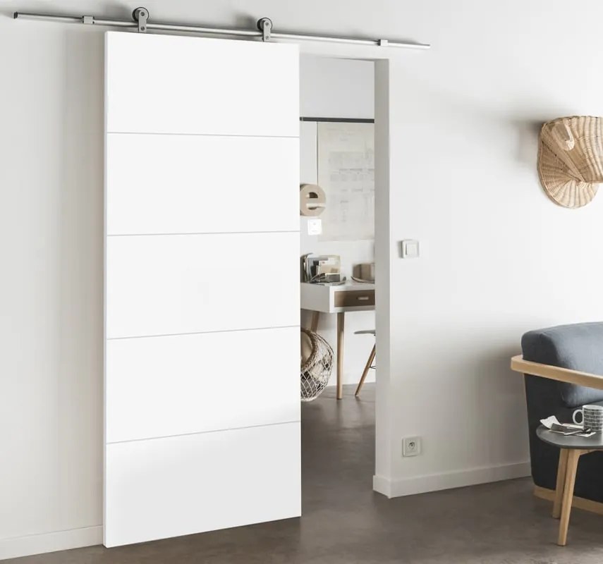 Porta scorrevole reversibile Dione in mdf bianco, L 92.5 x H 211.5 cm, con binario Loft Alluminio