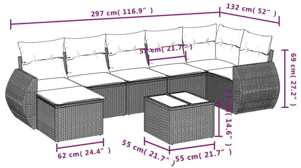 Set divani da giardino con cuscini 8 pz nero in polyrattan