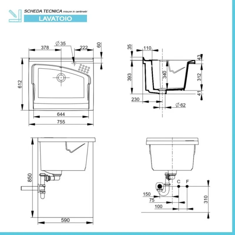 Mobile lavatoio 75x61 cm Revine vasca in ceramica e asse in legno
