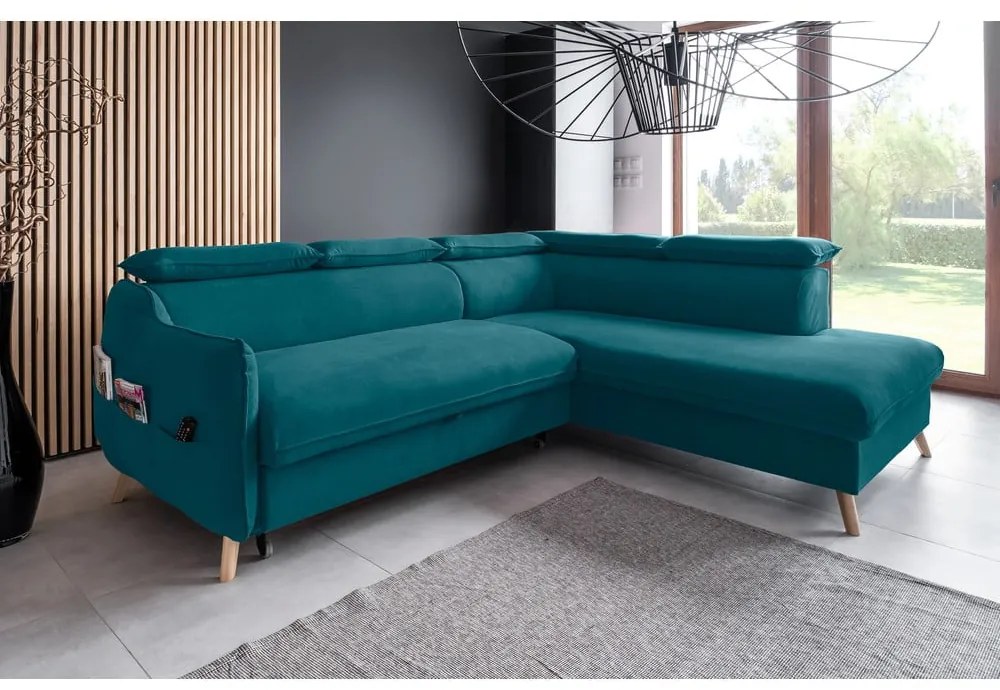 Divano letto angolare in velluto turchese (angolo destro) Sweet Harmony - Miuform