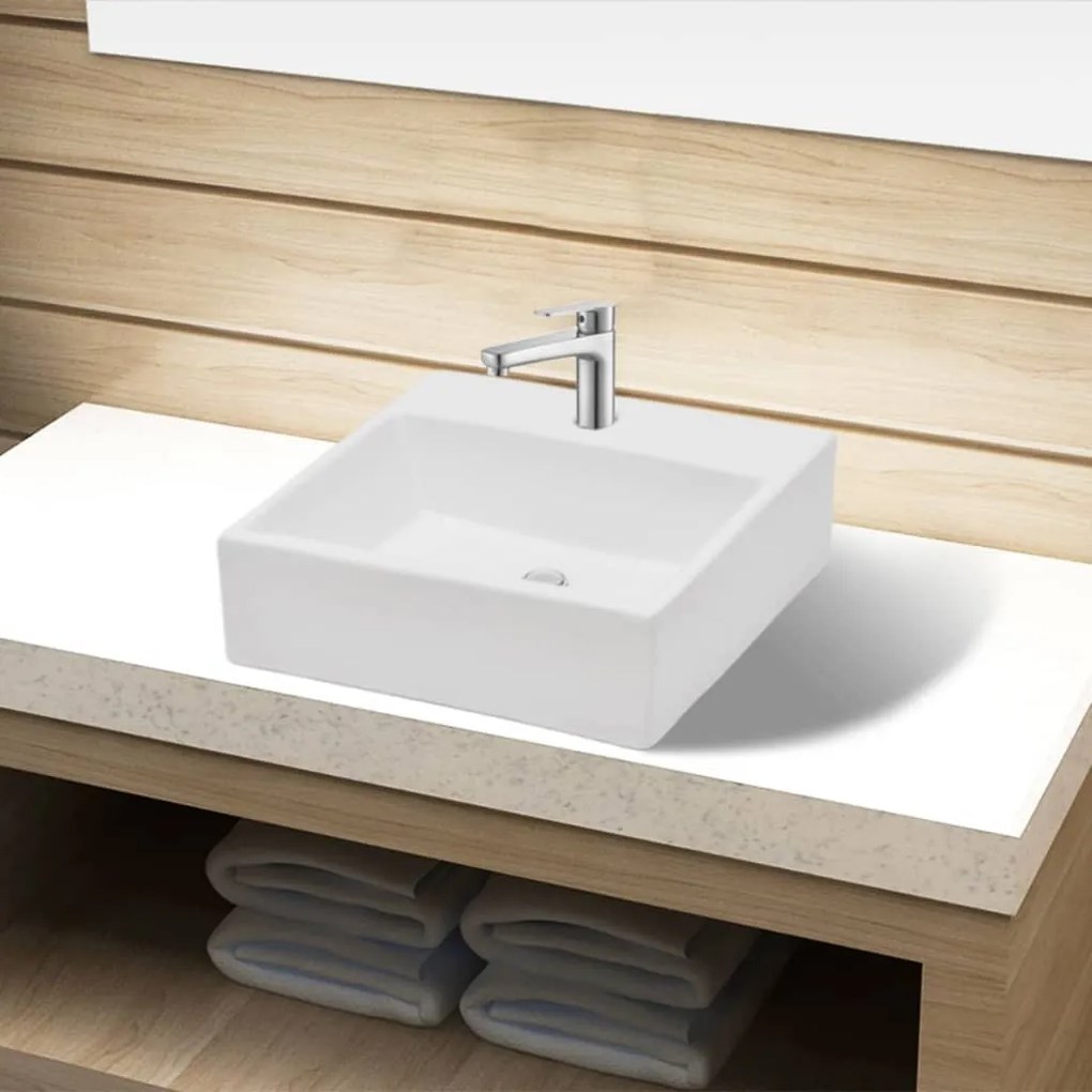 Lavandino Bagno İn Ceramica Bianca Quadrato Con Foro Rubinetto /