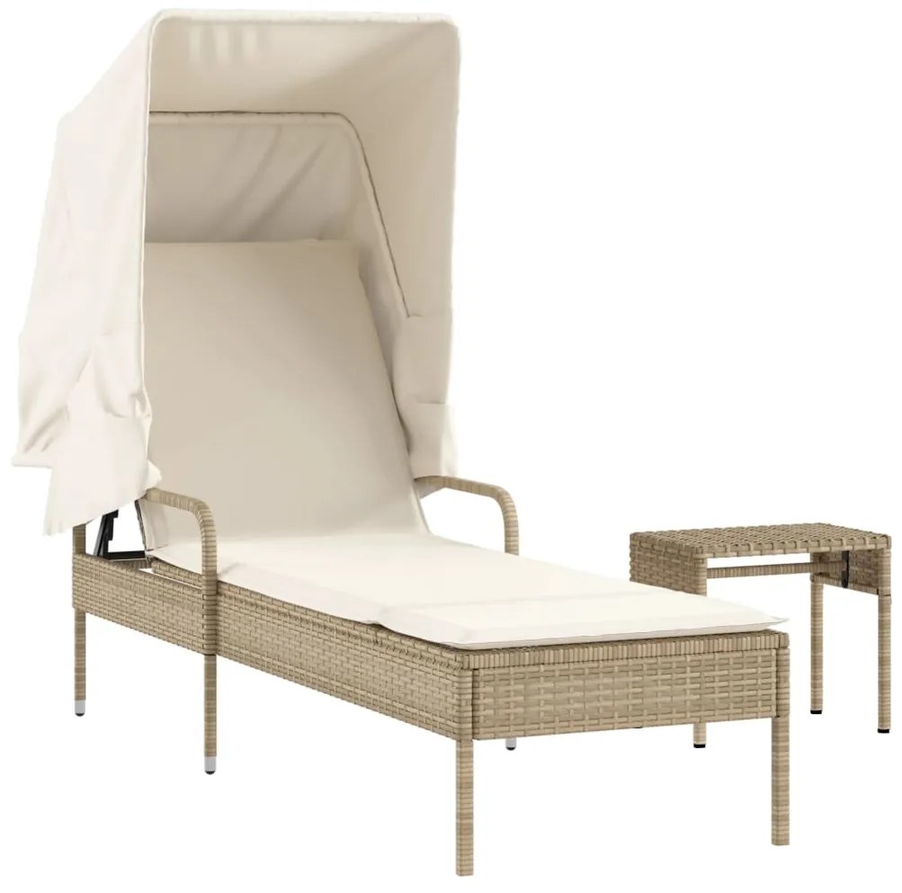 Lettino prendisole con baldacchino e tavolino beige polyrattan