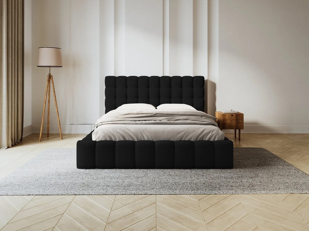 Letto matrimoniale Mamaia in tessuto strutturato Neve con contenitore e testiera - 160x200 cm