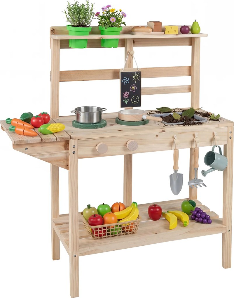 Costway Set da cucina giocattolo per bambini legno fornelli lavello manopole rotanti, Cucina gioco da chef lavagna vasi fiori scaffali 3+ anni
