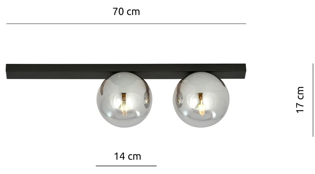 Plafoniera Moderna 2 Luci Giapeto Barra In Acciaio Nero E Sfere Di Vetro Fumè
