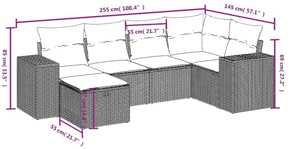 Set divano da giardino 6 pz con cuscini beige misto polyrattan