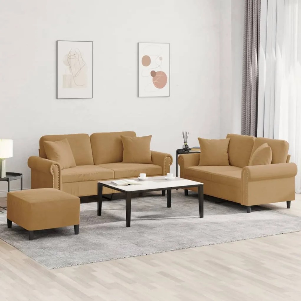 Set Di Divani 3 Pz Con Cuscini Marrone İn Velluto /
