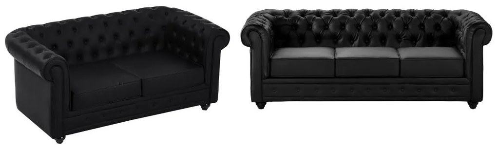 Divano 3 e 2 posti in Similpelle Nero - CHESTERFIELD