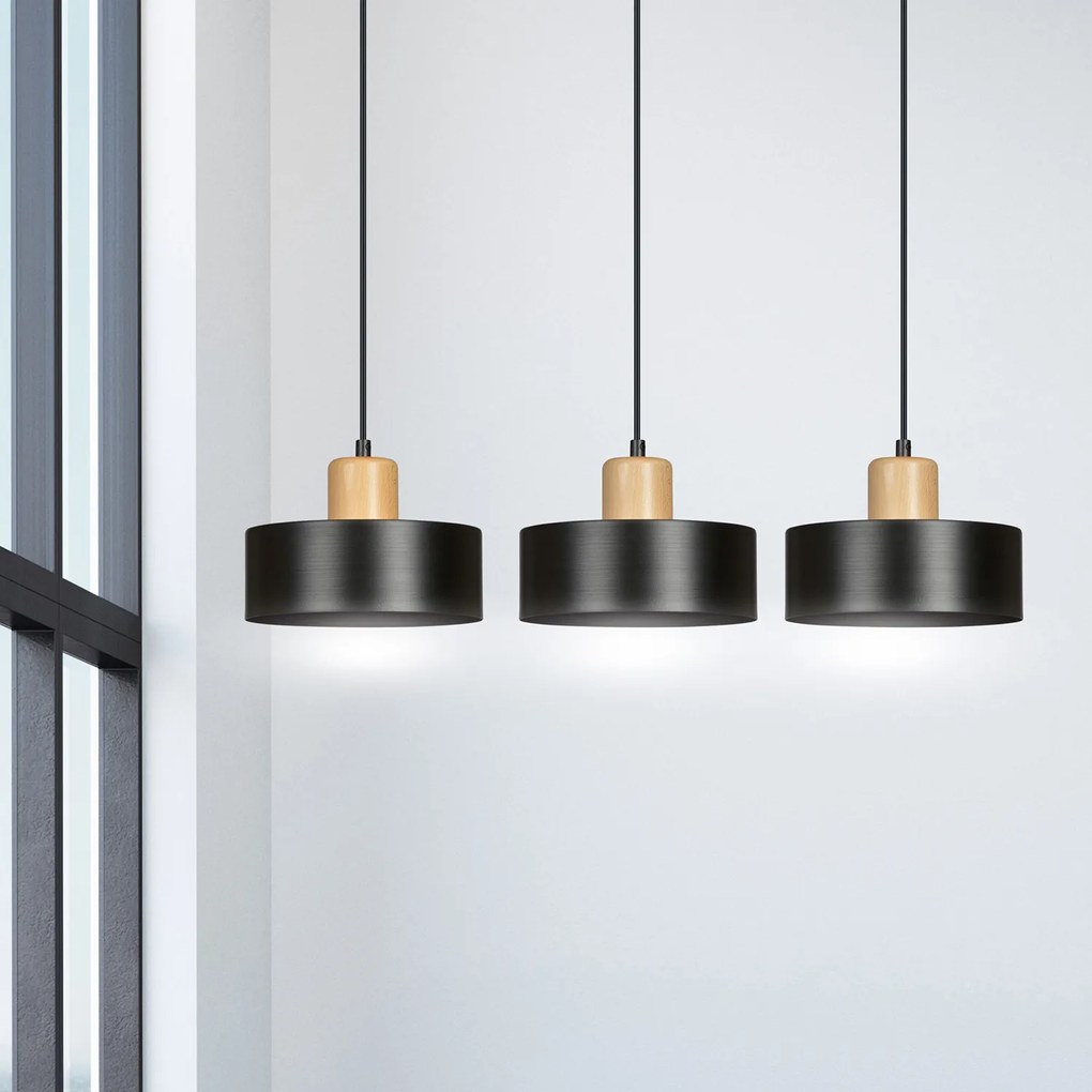 Sospensione Nordica 3 Luci Surya In Acciaio Nero E Legno
