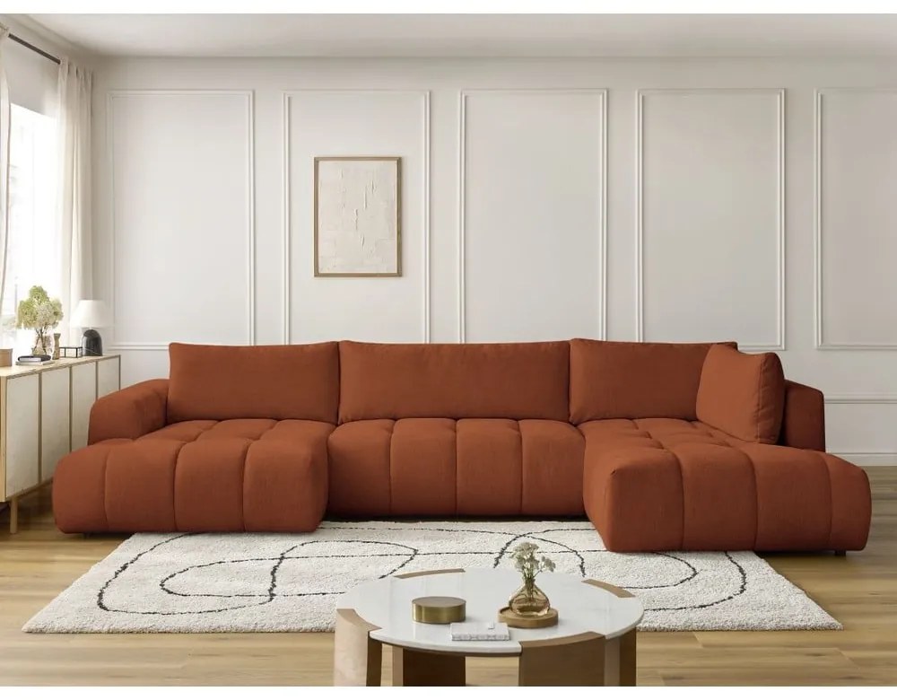 Divano angolare color mattone allungabile e con contenitore (penisola a destra/a U) Fuji – Bobochic Paris