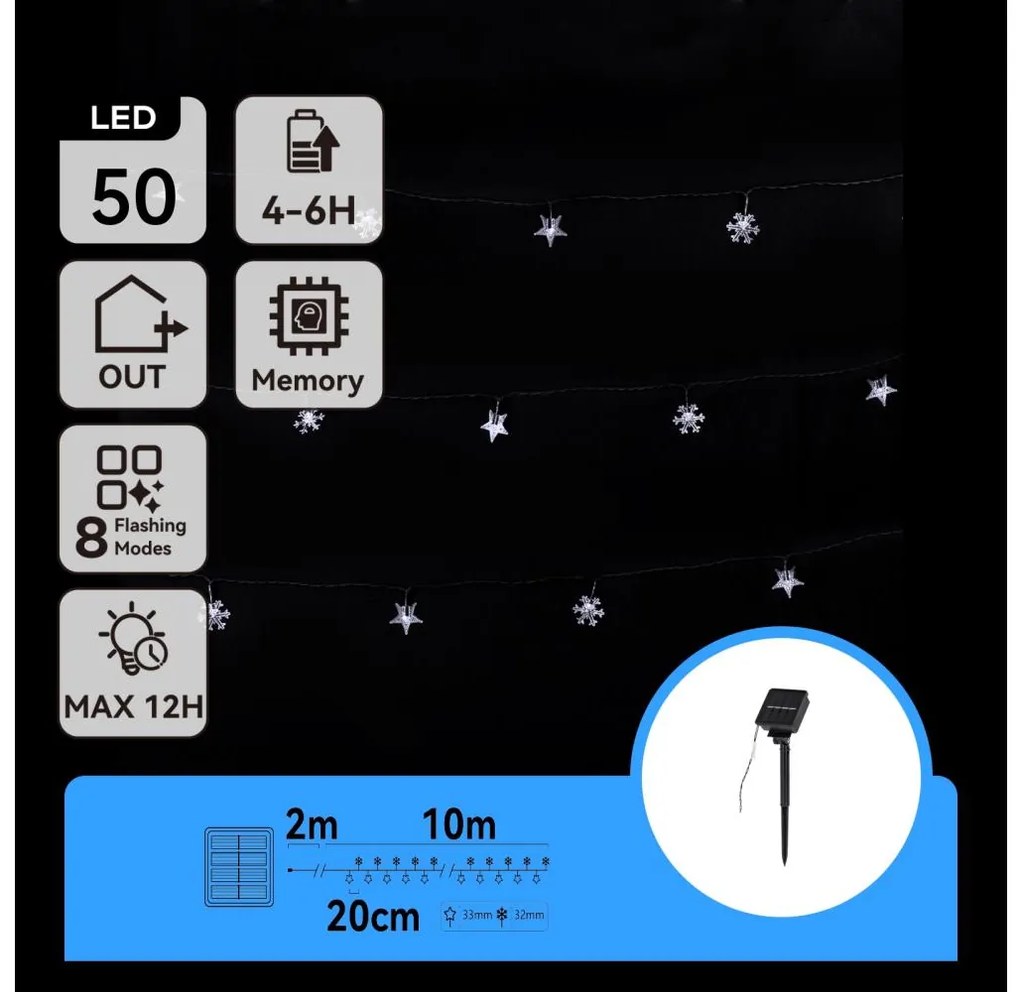 Aigostar - Catena di Natale solare a LED 50xLED/8 funzioni 12m IP65 bianco freddo