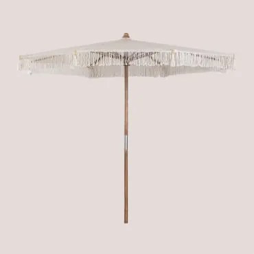 Ombrellone Tongariki In Teak E Cotone Ø320 Cm & Macramè Bianco - Sklum