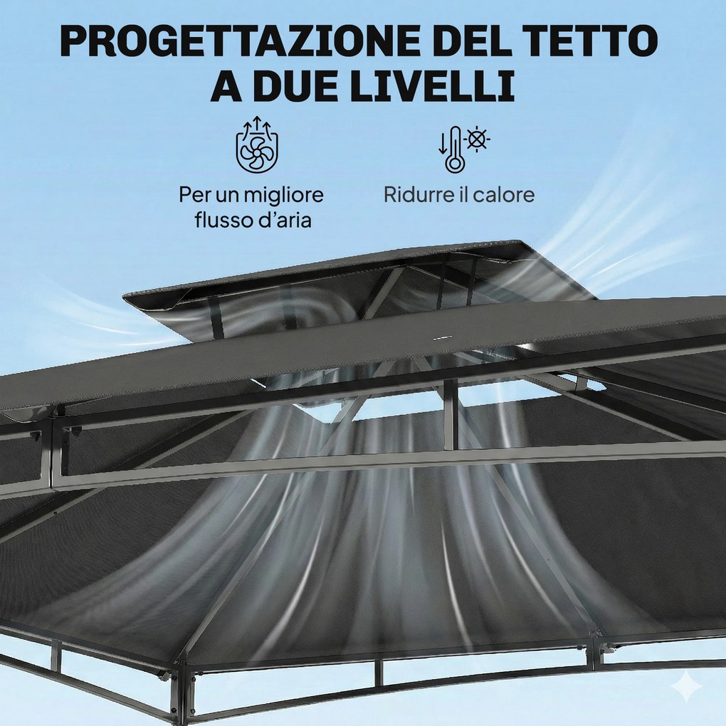 Gazebo da Giardino 300x300x285 cm con Doppio Tetto in Poliestere e Metallo Grigio Scuro...