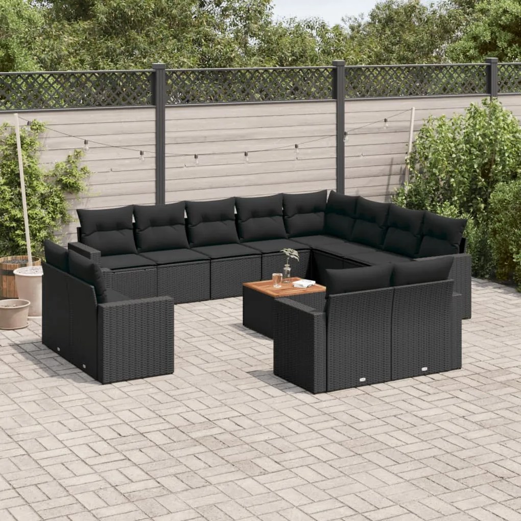 Set divani da giardino 13pz con cuscini nero in polyrattan