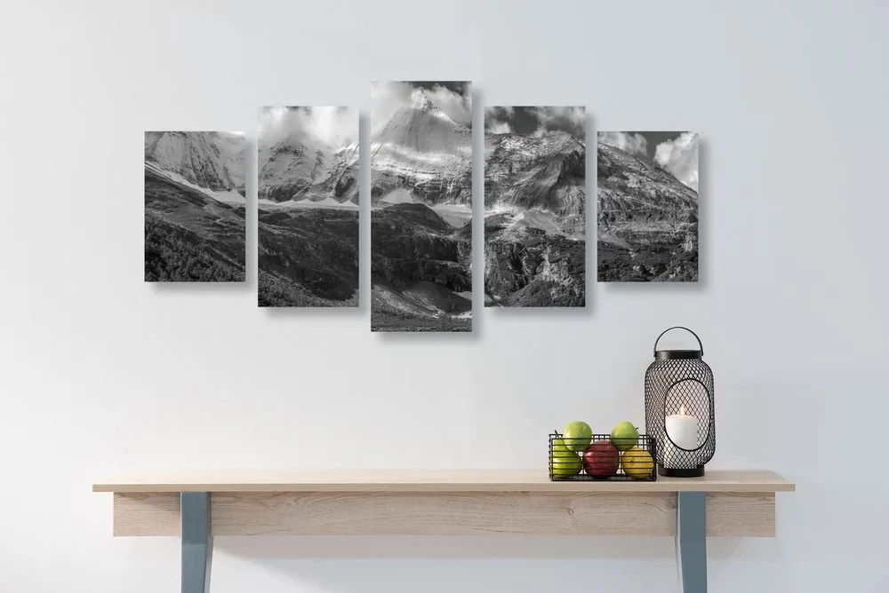 Quadri 5 pezzi – Maestoso paesaggio montano in bianco e nero