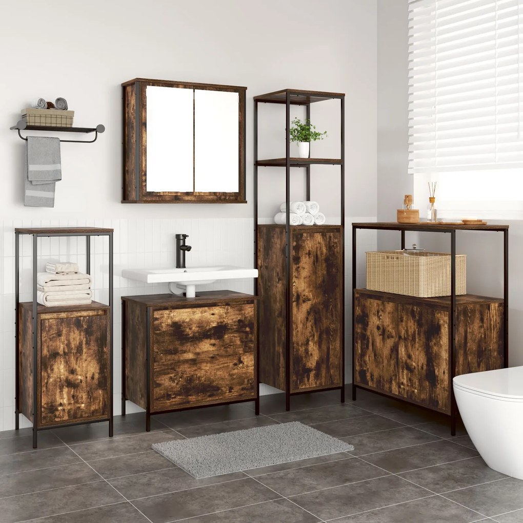 Set di mobili da bagno 5 pezzi in legno ingegnerizzato rovere affumicato