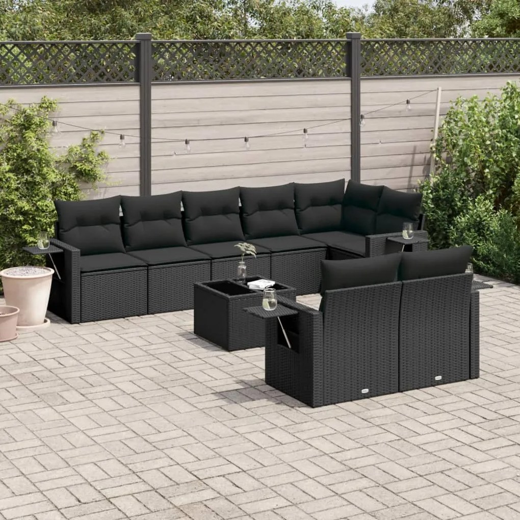 Set divani da giardino 9 pz con cuscini nero in polyrattan