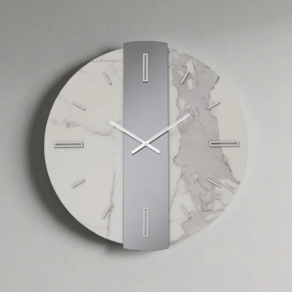 Orologio rotondo D80 cm WAYLEN in kerlite Bianco vetro Fumč dettagli Argento