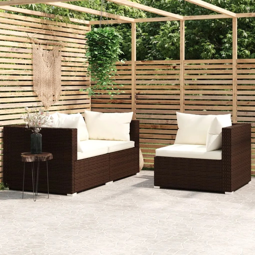 Set divani da giardino 3 pz con cuscini in polyrattan marrone