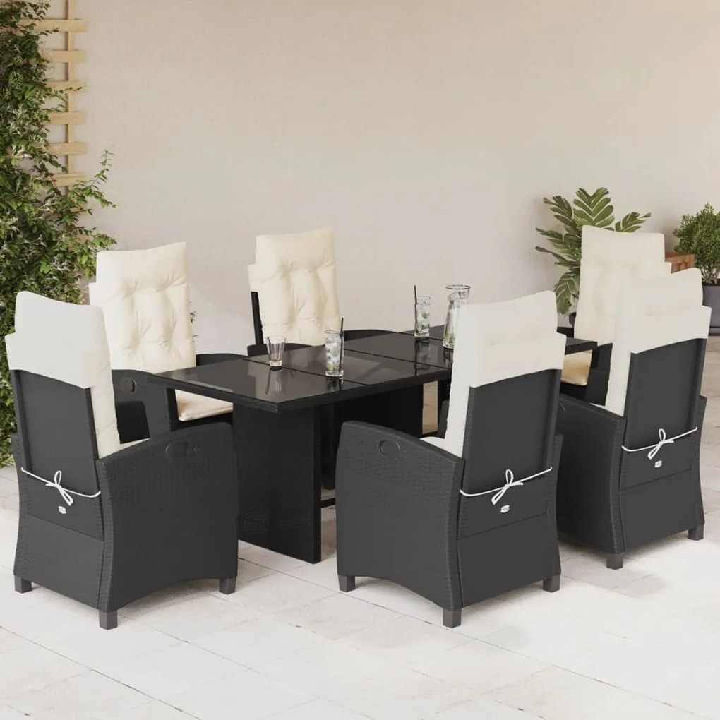 Set da pranzo da giardino 7 pz nero con cuscini in polyrattan