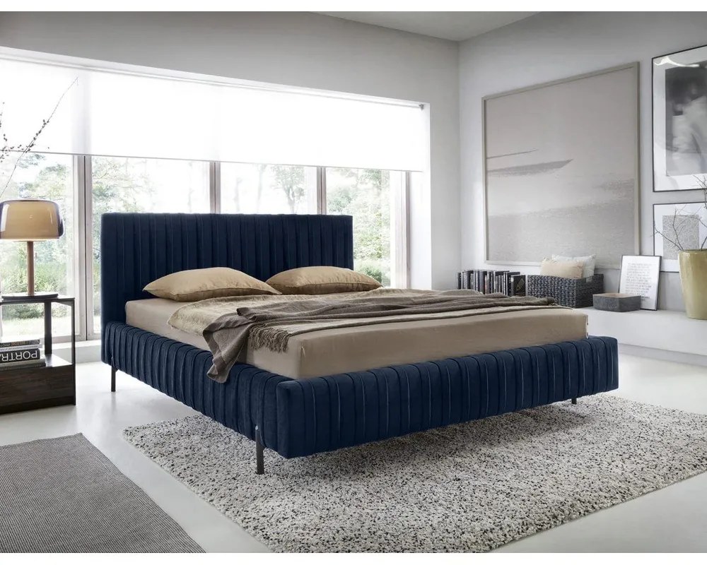 Letto matrimoniale imbottito blu scuro con contenitore e rete inclusi 180x200 cm Plissa – ELTAP