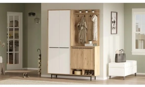 Mobile Ingresso Multiripiano Con Scarpiera E Appendiabiti Whisper Effetto Legno E Bianco