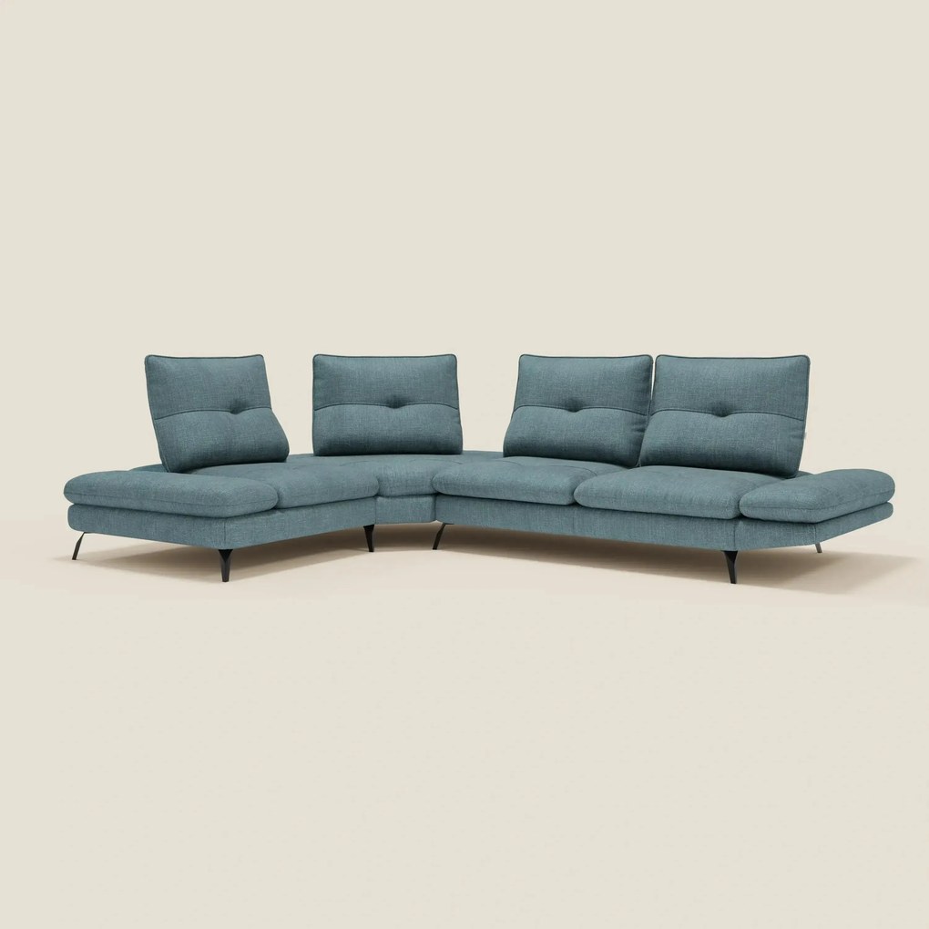 Ardex Divano Angolare - schienali traslanti e bracciolo regolabile in elegante tessuto impermeabile T06 azzurro