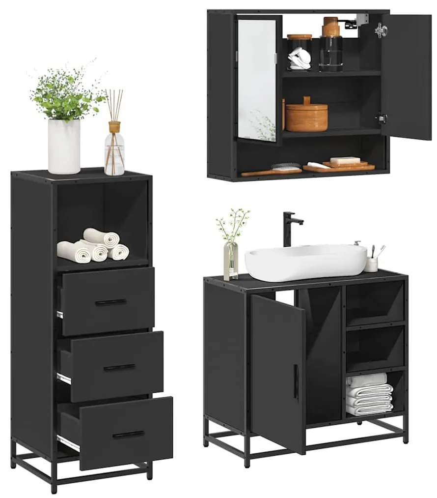Set Mobili Da Bagno 3 Pz Nero İn Legno Multistrato /