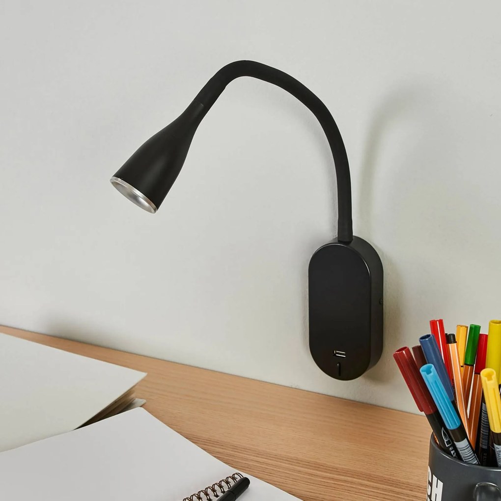 Lindby Applique a LED Enna, 34 cm, nero, interruttore, USB