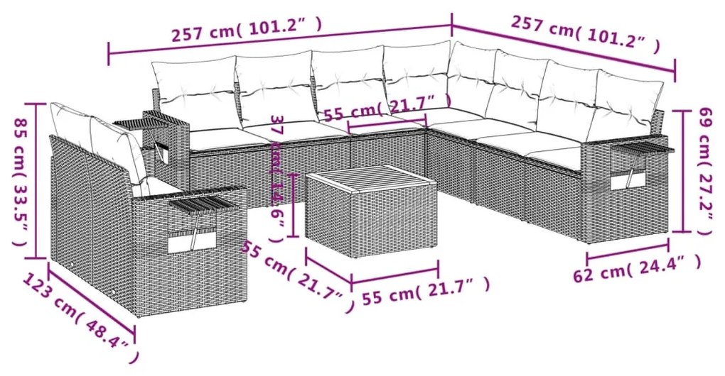 Set divani da giardino 10pz con cuscini in polyrattan nero