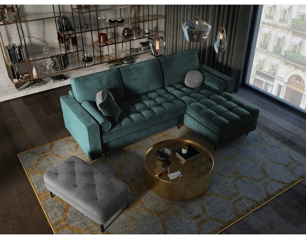 Divano letto angolare in velluto verde petrolio, angolo destro Santo - Milo Casa