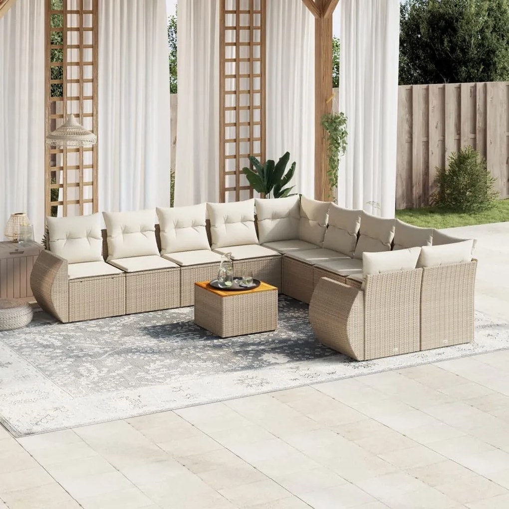 Set divani da giardino 11 pz con cuscini beige in polyrattan