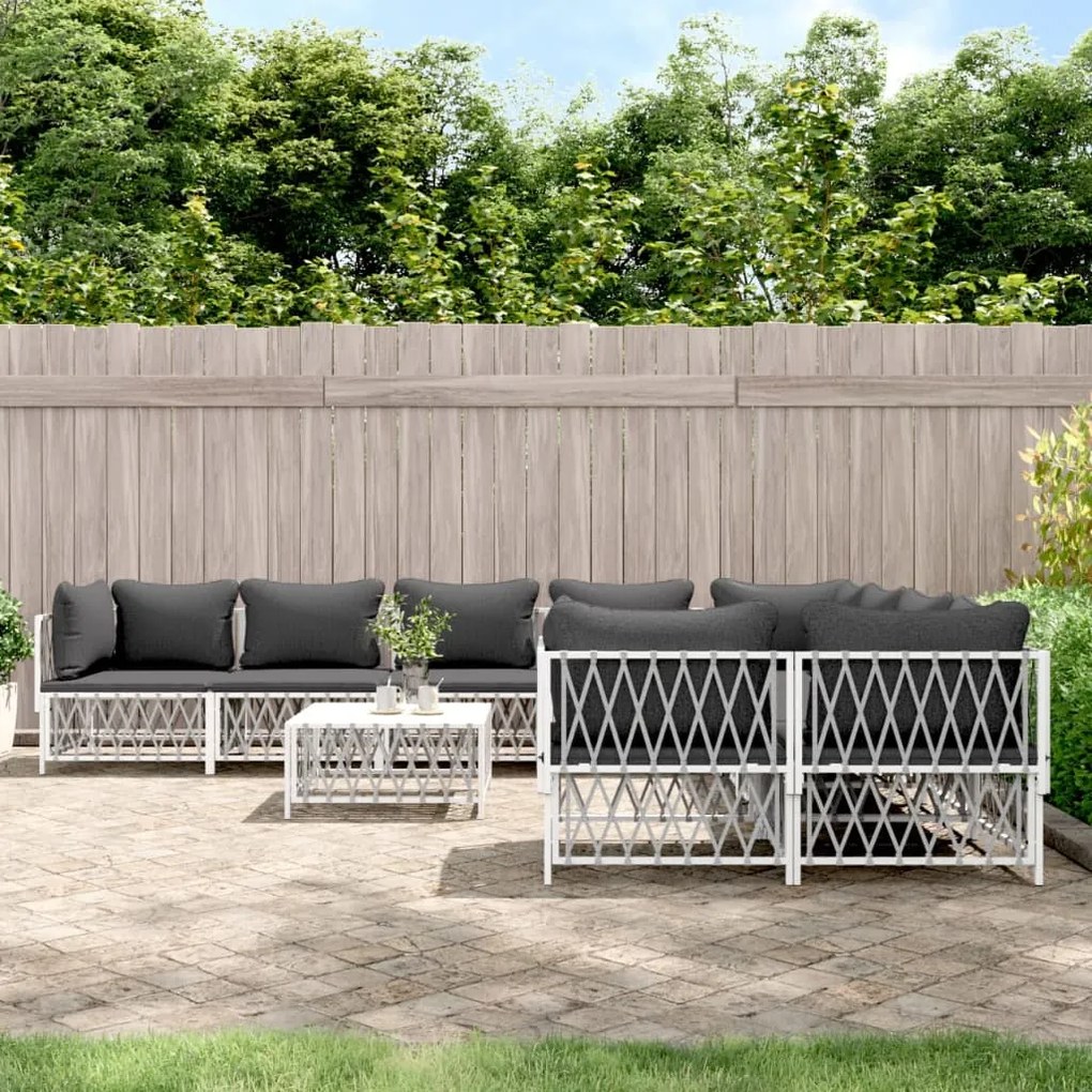 Set salotto da giardino 9 pz con cuscini in acciaio bianco