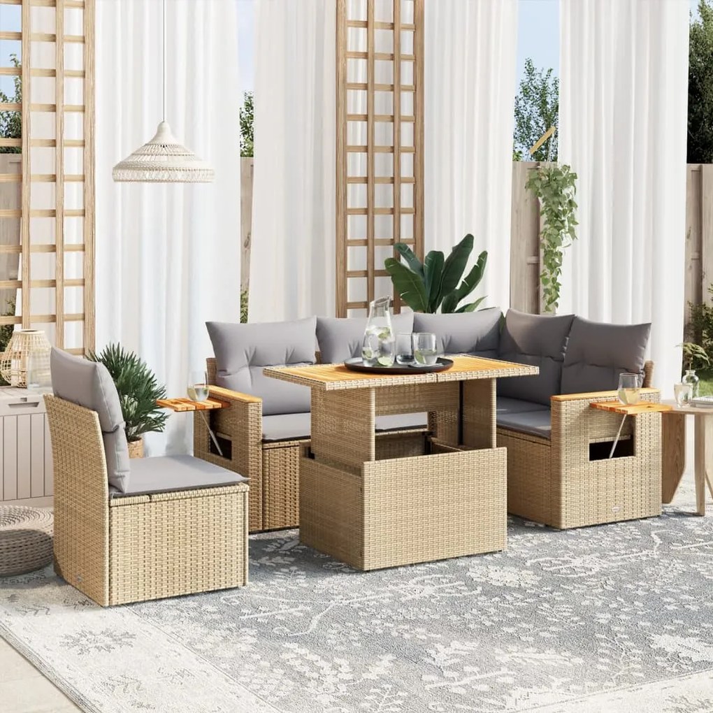 Set divano da giardino 6 pz con cuscini beige in polyrattan