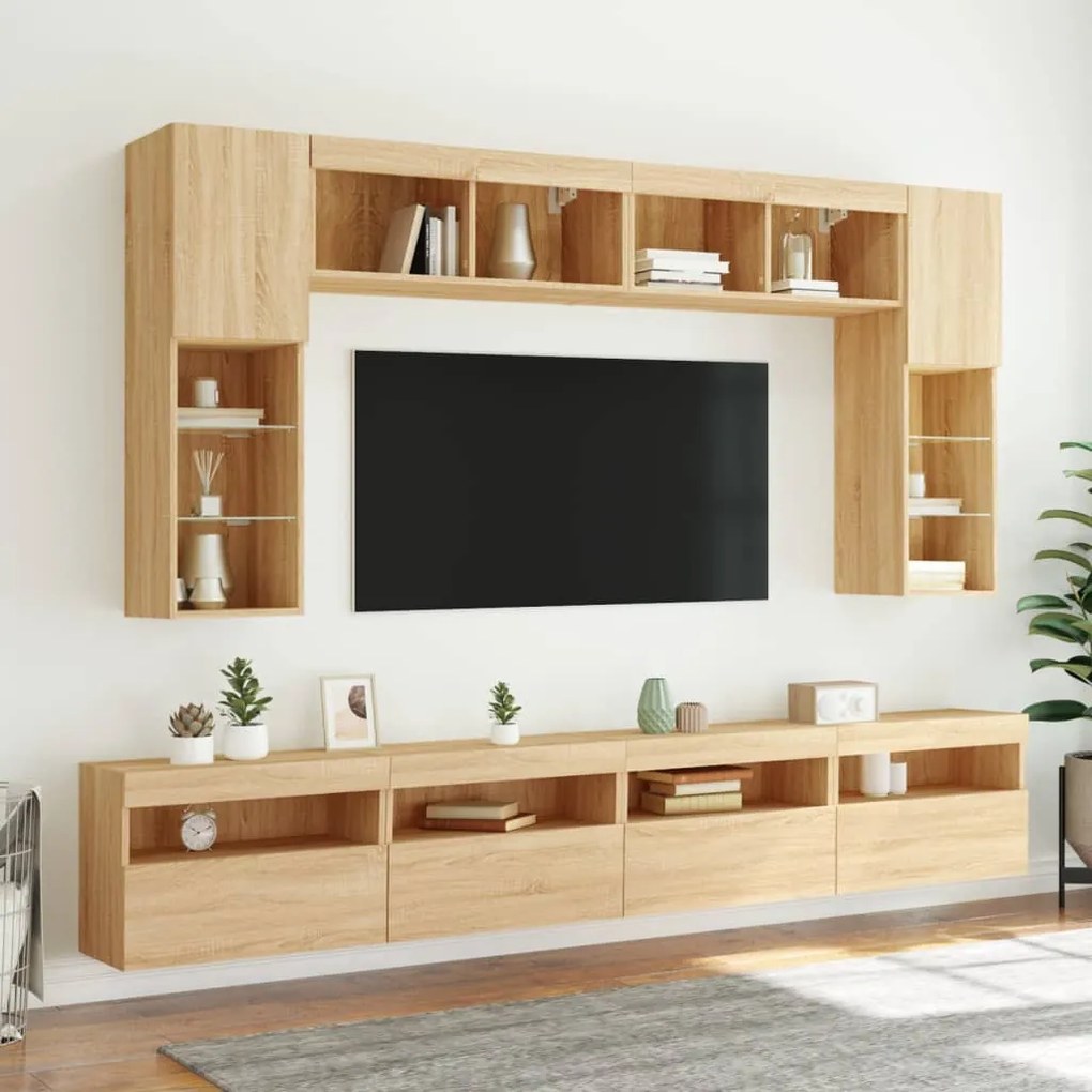 Set mobili tv a muro 8 pz con luci led rovere sonoma