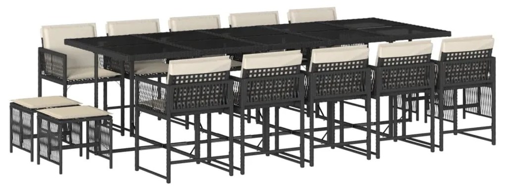 Set da pranzo da giardino 15 pz con cuscini nero in polyrattan