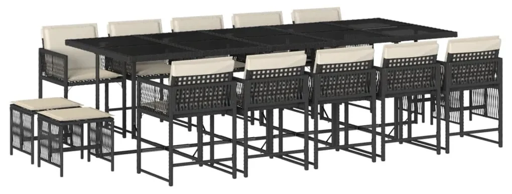 Set da pranzo da giardino 15 pz con cuscini nero in polyrattan